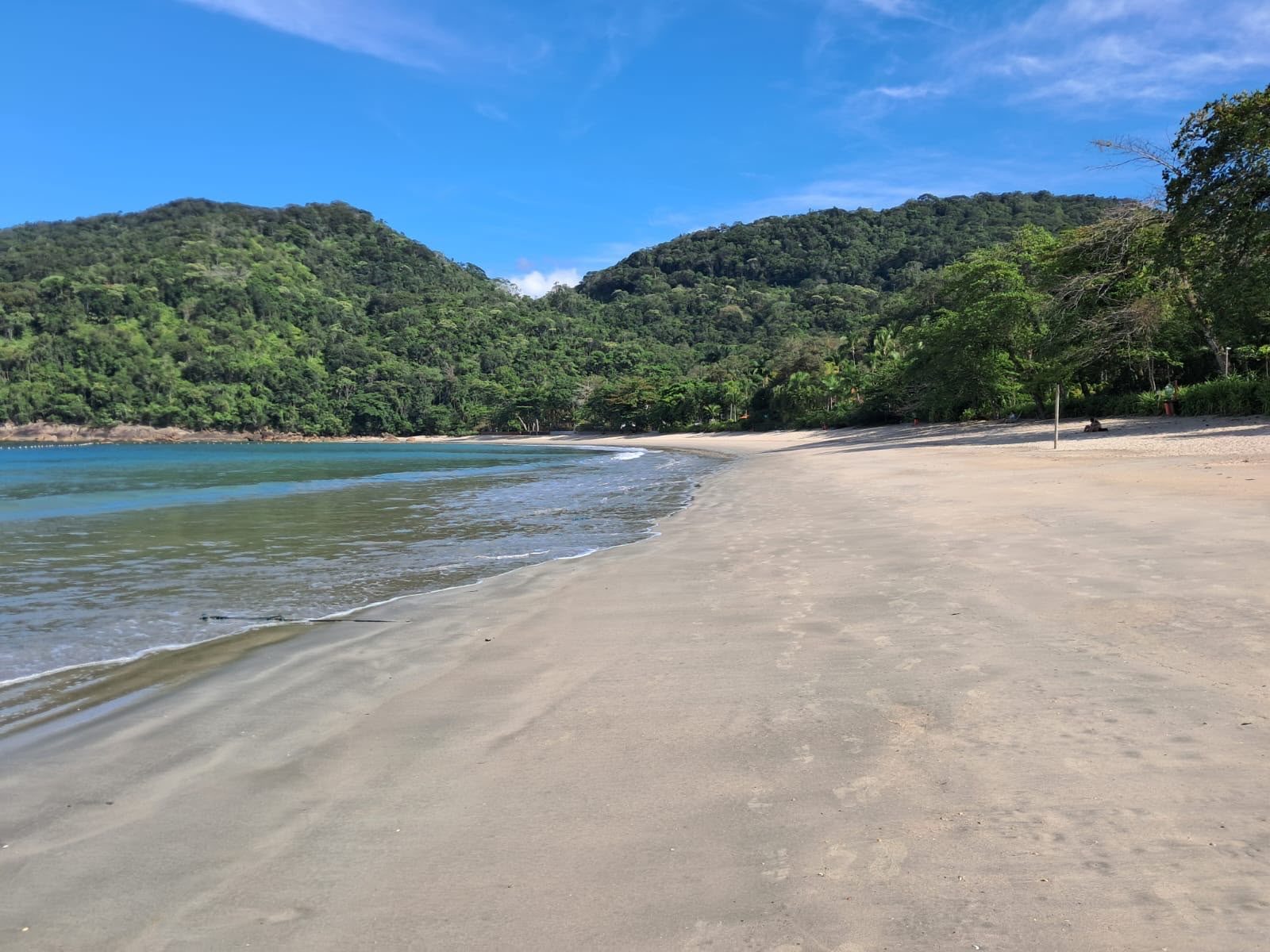 Praia do Lázaro de manhã, areia firme, mar calmo e morros cobertos de mata